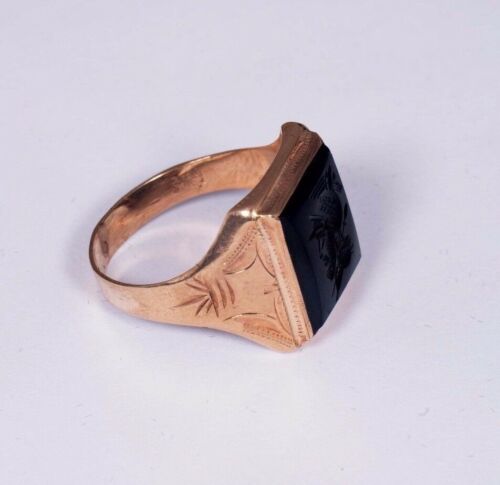 10k Yellow Gold Men's Black Onyx Intaglio Roman Soldier Ring, Size 8.75 - Picture 2 of 5