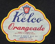 Kelco Orangeade Beverage Label Kelly Ginger Ale Co. Worcester c1940's VGC Scarce