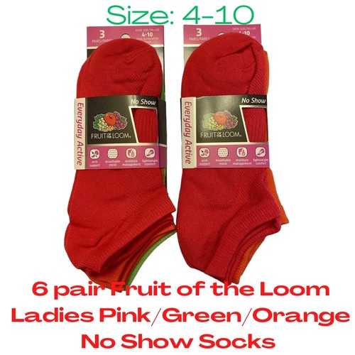 Fruit of the Loom 6 Pairs Ladies Multicolor No Show Socks 3pk Women's Size 4-10
