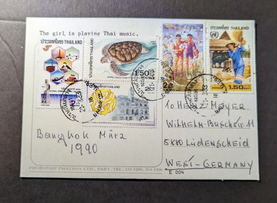 1990 Thailand Postcard Cover Bangkok GPO to Ludenscheid West Germany Thai Music - Image 2 of 2