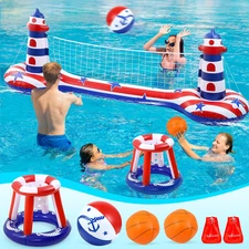 Inflatable Pool Float Set with Volleyball Net & Basketball Hoop,2-In-1 Floating 