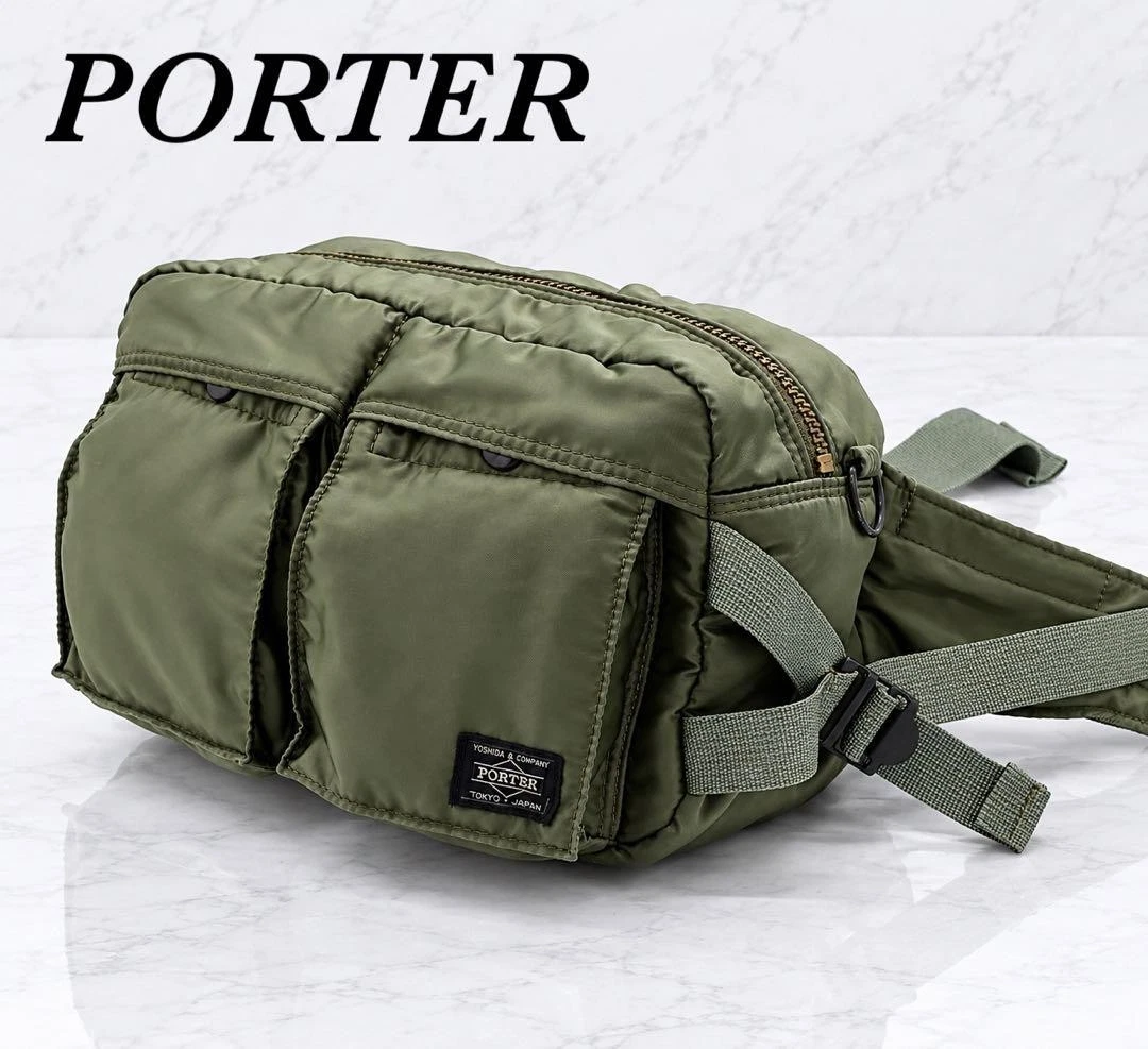 PORTER Yoshida TANKER Hüfttasche Salbeigrün Nylon Orange Futter Japan