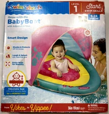 New SwimSchool Pool Float Baby Boat Adjustable Seat with Canopy Pink 6-24mos