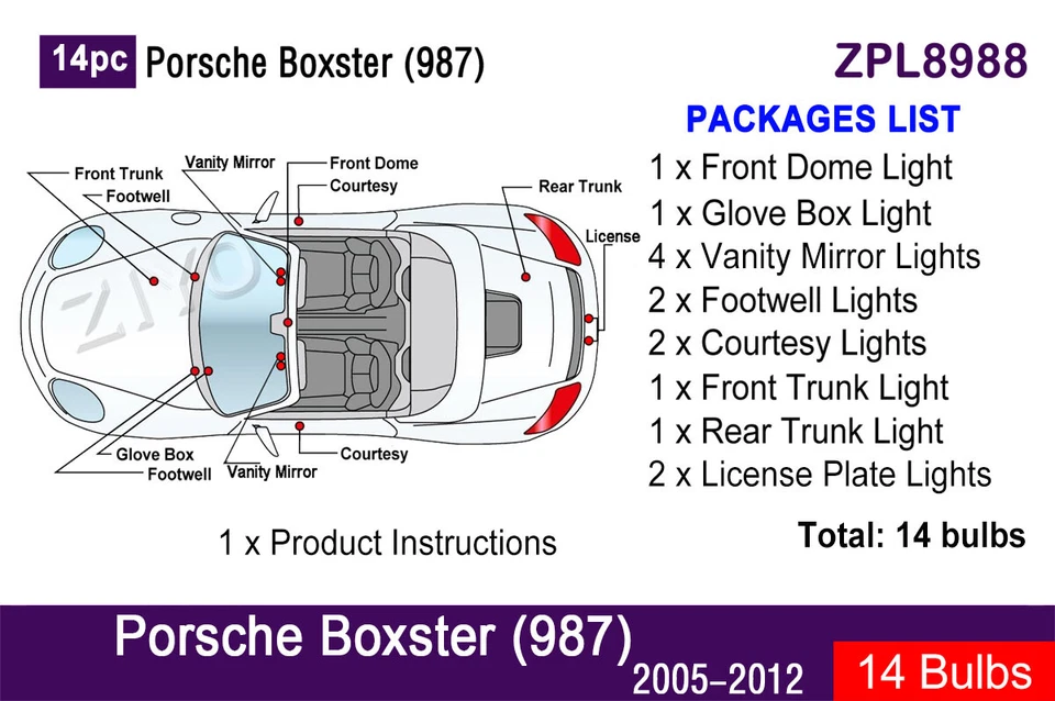 Kit de actualización de luz interior LED de 14 piezas para Porsche 987 Boxster bombillas blancas Foto 2 de 4