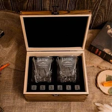 Personalised Set of 2 Square Cut Whiskey Glasses & 6 Ice Stones in Wooden Gift B