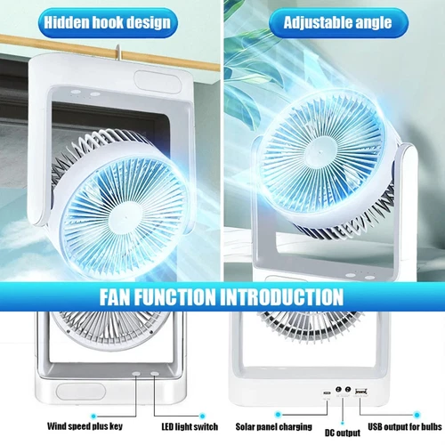 2025 New Rechargeable Fan With solar panel, 3 Speeds, LED light and 2 Free bulbs - Picture 2 of 12