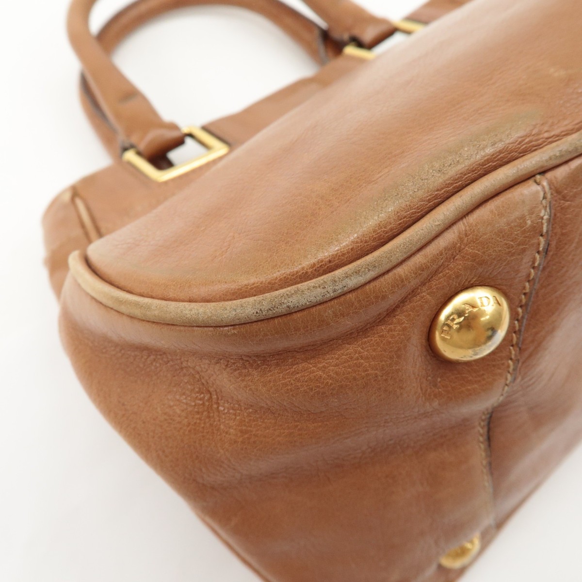 Authentic PRADA Logo Leather Ribbon 2Way Bag Hand Bag Brown