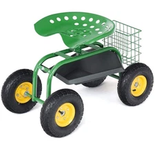 Green Heavy Duty Garden Cart Rolling Work Seat for Planting, Adjustable Swivel