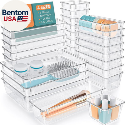 25 PCS Clear Plastic Drawer Organizer Set, 4 Sizes Desk Drawer Divider Organizer
