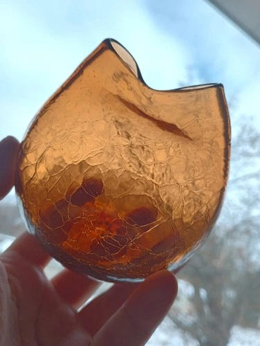 Blenko Orange Pinch Crackle Glass 4 Inch Vase 1960s