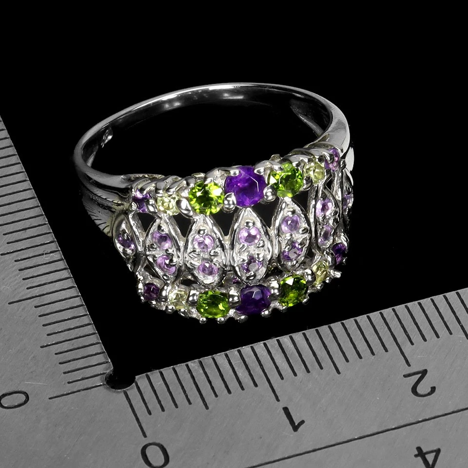 925 Sterlingsilber Ring Rund Amethyst Chrom Diopsid Edelstein Schmuck Größe 9 - Bild 3 von 4