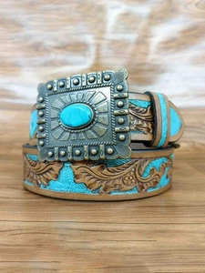 Western Turquoise Tooled Leather Belt Floral Scroll Antique Brass Buckle