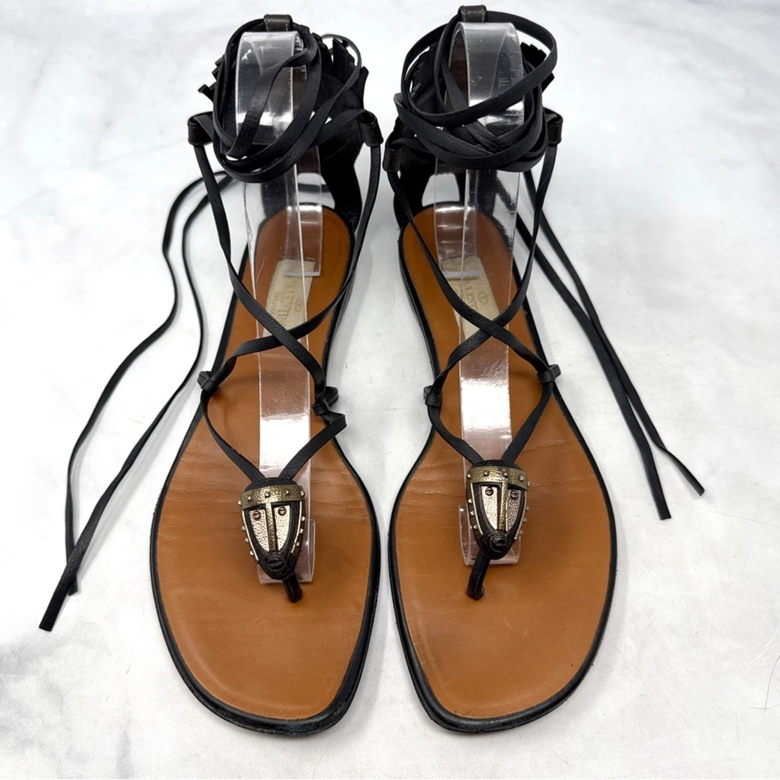 Valentino — Valentino Garavani Tribe Gladiator Leather Helmet Medallion Lace Up Flat Sandals