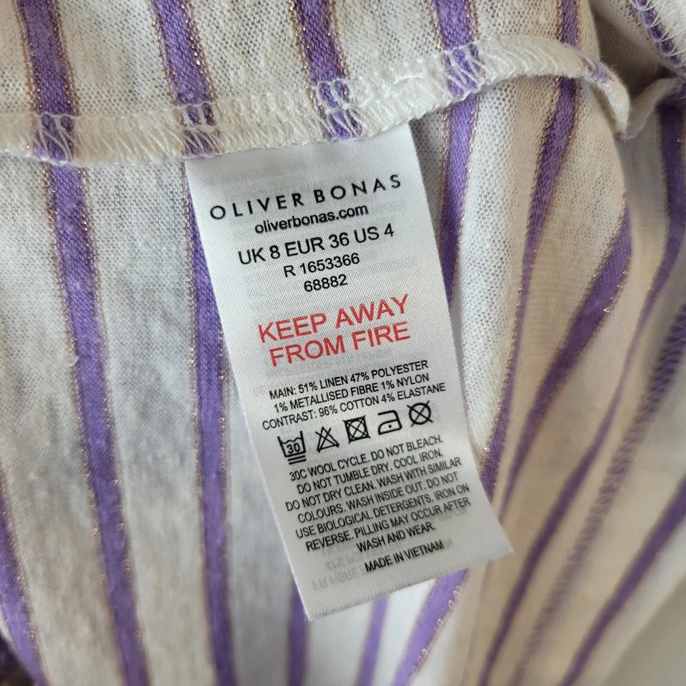 Oliver Bonas Women 8 White Purple Stripe Linen Blend T-shirt Top Casual Relaxed - Image 4 of 4