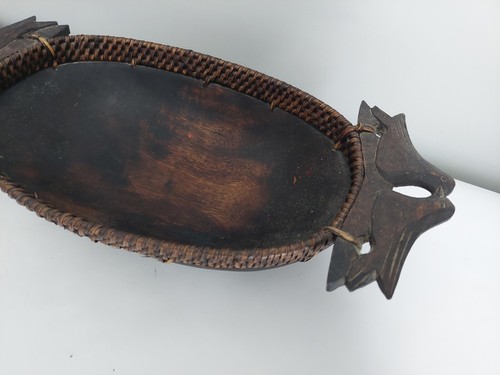 Decorative Footed Bowl, Carved Wooden Wood Bird Handle, Woven Rim Basket, 15" - Picture 5 of 8