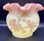 Fenton Dogwood on Burmese Pink Yellow Satin Uranium Glow Ruffle Rim Vase Bowl