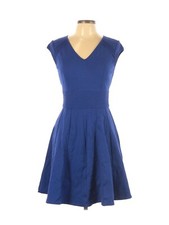 Eliza J Women Dress Sz 10 Navy Cap Sleeves Zip Fit & Flare Career Work Ruched