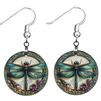 Dragonfly Earrings Teal Blue Boho Bohemian Art Nouveau Print NO TARNISHING Wood