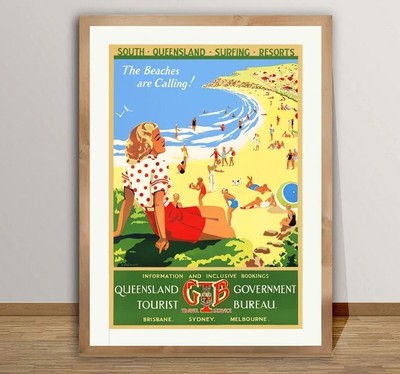The Beaches are Calling, South Queensland, Vintage Travel Poster - Poster Print