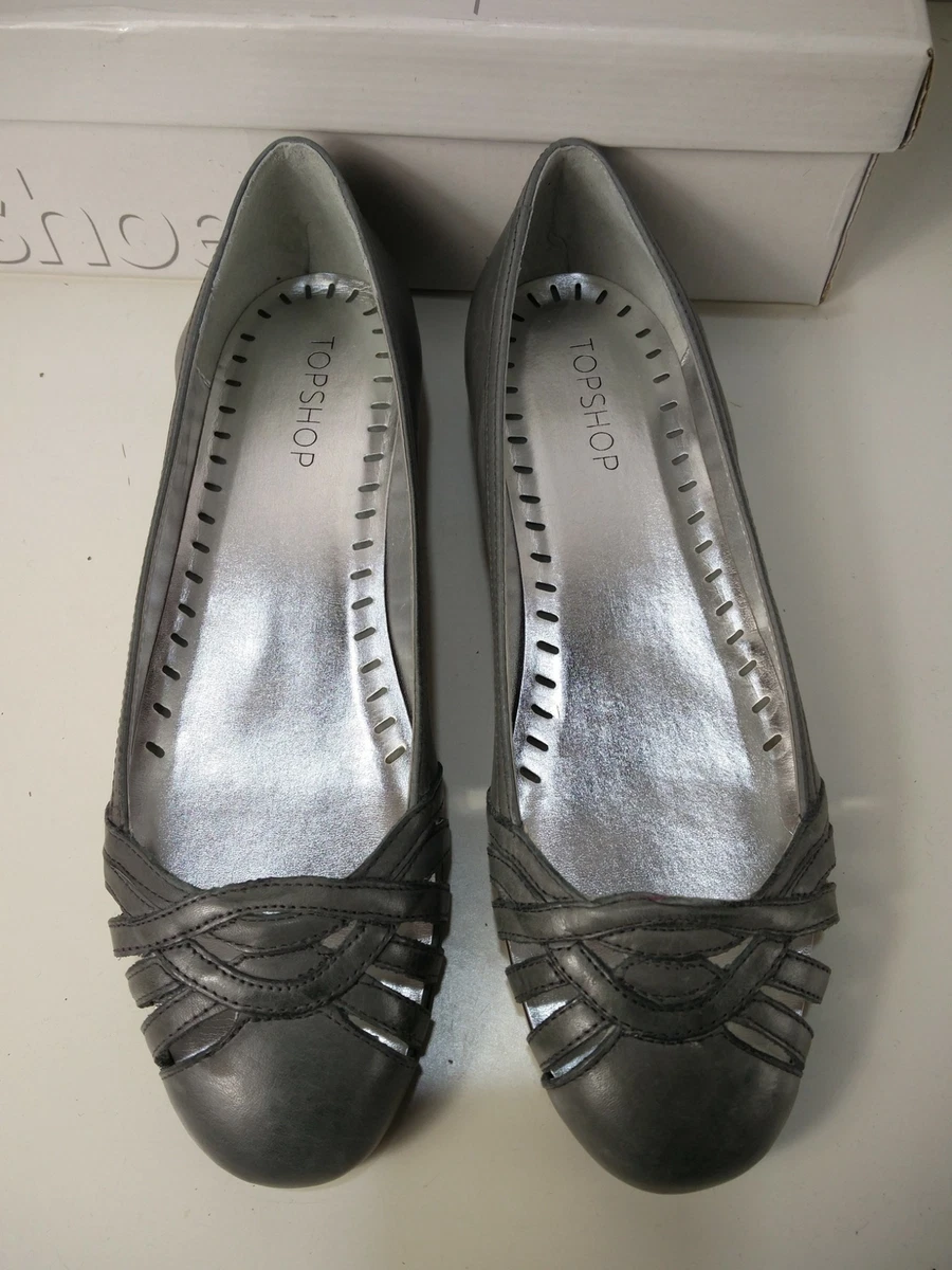 NEW WOMENS TOPSHOP SWERVE UK 5 EU38 GREY LEATHER SMART FLAT SUMMER SHOES RRP 40