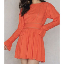 Free People | Victorian Waisted Mini Dress Embroidered Bell Sleeves Smocked US 2