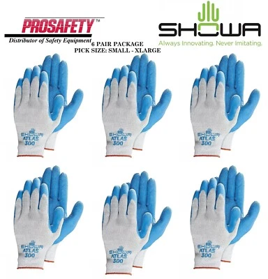 SHOWA 6- ATLAS 300 BLUE RUBBER Palm Coated General Purpose PROTECTIVE WORK GLOVES S-2X