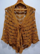 Women Hand Knit Crochet Bamboo Pulp Brown Vintage Festival Poncho Cape Shawl 