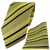 Tigertie Seidenkrawatte + Seideneinstecktuch Gelb Schwarz Silber Gestreift