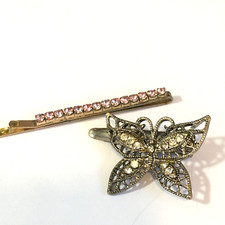 VINTAGE TWO BARRETTES SILVER TONE BUTTERFLY GOLD TONE PINK RHINESTONES CLIP