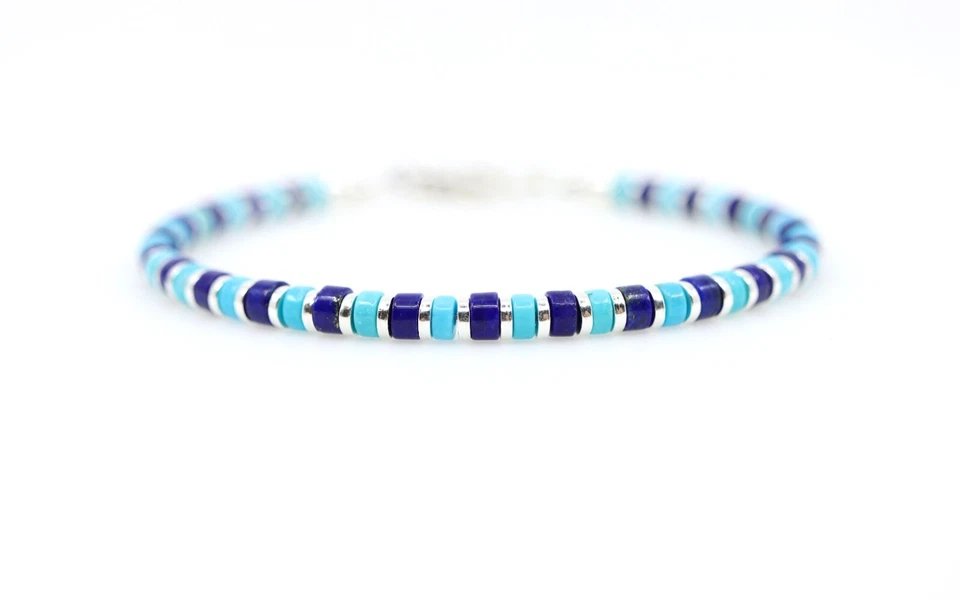 Brazalete de lapislázuli azul turquesa y azul real Arizona de 4 mm en plata de ley Foto 3 de 4