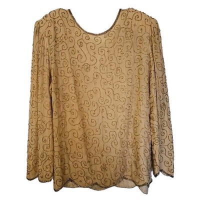 Valerie Stevens Blouse Women 16 Gold Pure Silk Beaded Scalloped Long Sleeve Top