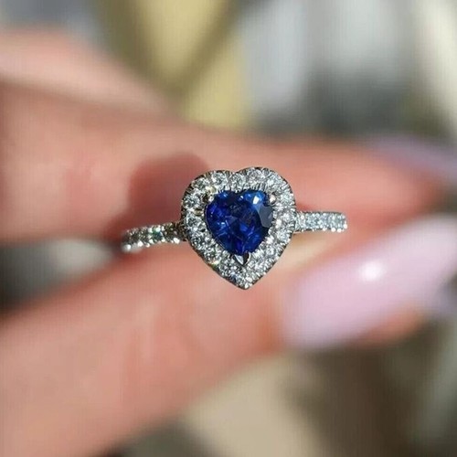 Heart Cut Simulated Blue Sapphire Pretty Wedding Band Ring 14k White Gold Plated - Picture 6 of 6