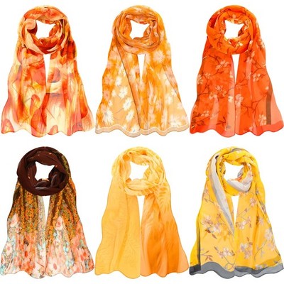 6 PCS Fall Scarf for Women Orange Lightweight Print Floral Pattern Scarves