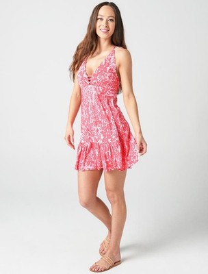 Maaji Blooming Wild Short Beach Dress Small Coral Ruffle Criss Cross Flirty Swim
