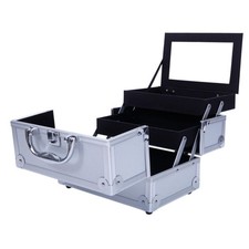 Silver Aluminum Makeup Train Case Jewelry Box Cosmetic Organizer with Mirror NEW