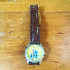 Tintin & Snowy Quartz Analogue Wristwatch Yellow Dial Brown Leather Strap