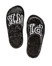 Victoria's Secret Pink Cozy Velvet Slippers Black Logo Size Large (9/10) NWT
