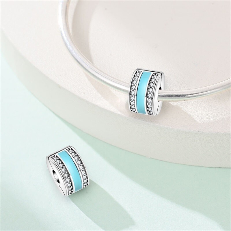 KUNSIR Blue Round Clip Bead Pave Colorful CZ 925 Sterling Silver European Charm