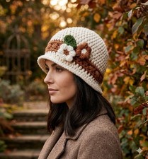 crochet-womans-handmade-flower-bucket-hat-brim-whisper-cloche-creamy-umber-new