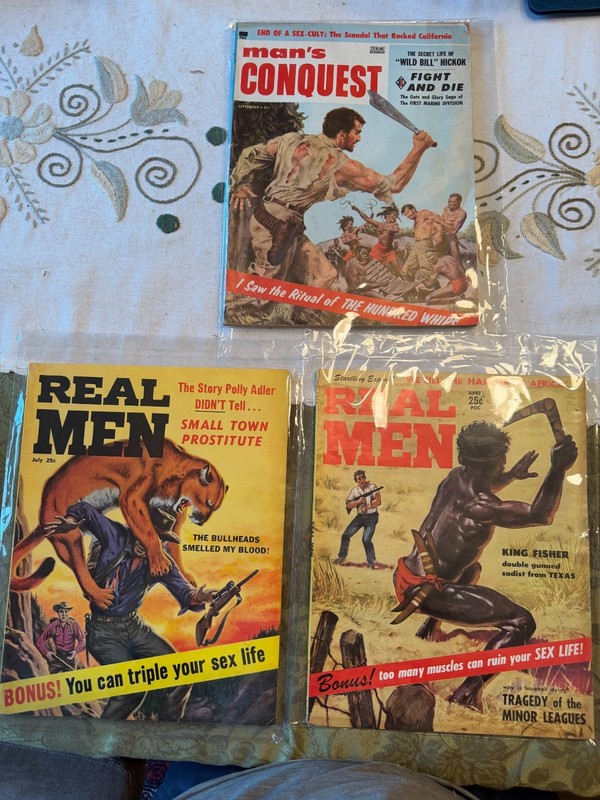 Three Men's Pulp Magazines "Real Men" and Man's Conquest 1957 and 1958
