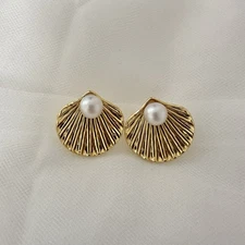 Gold Tone Shell with Pearl Stud Earrings for Women Fashion Jewelry Accessories