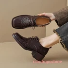 Weave Women's Leather Casual Shoes Square Toe Lace Up Block Heel Oxford Brogue