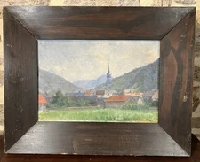 Old Oil On Panel Presumed View Of A Village In VENETO Italy Mountain
