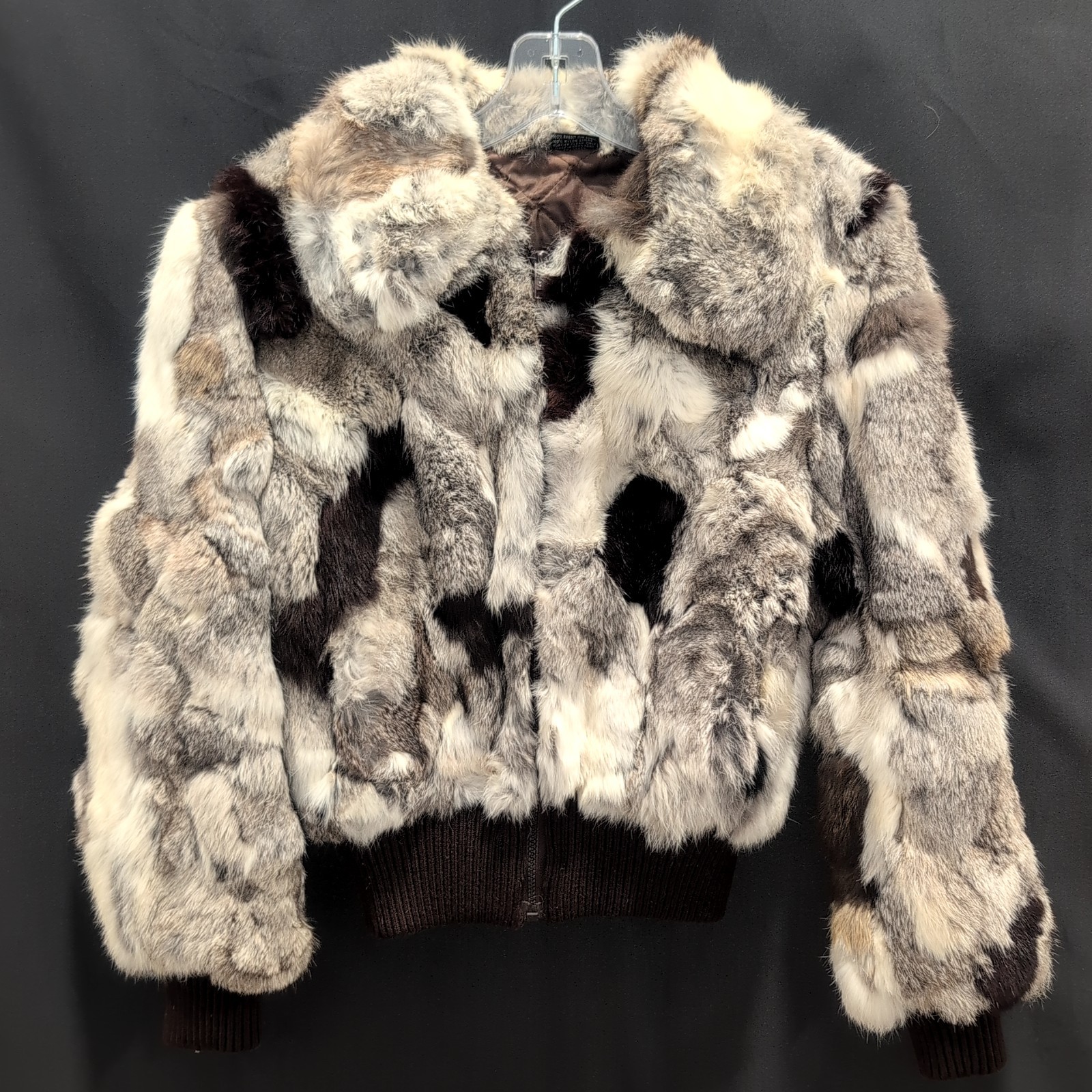 Rabbit Fur Patchwork Bomber Jacket Women’s Size L - image 1