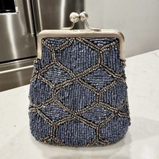 Vintage Beaded Coin Purse Kiss Lock Blue Gray Geometric MiniClutch Boho Art Deco