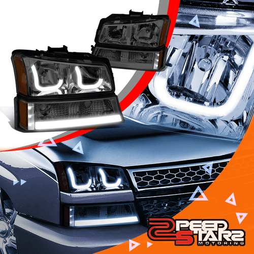 Dual J-Style Halo LED DRL Headlight+Bumper Lamp for 03-07 Silverado Smoked/Amber - Bild 1 von 12