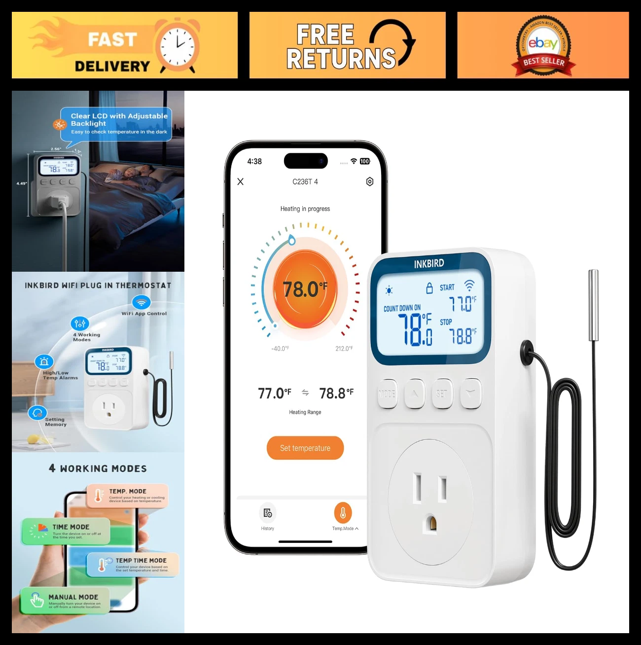 WiFi Thermostat 1800W 15A for Heating & Cooling, Timer & Countdown Mode
