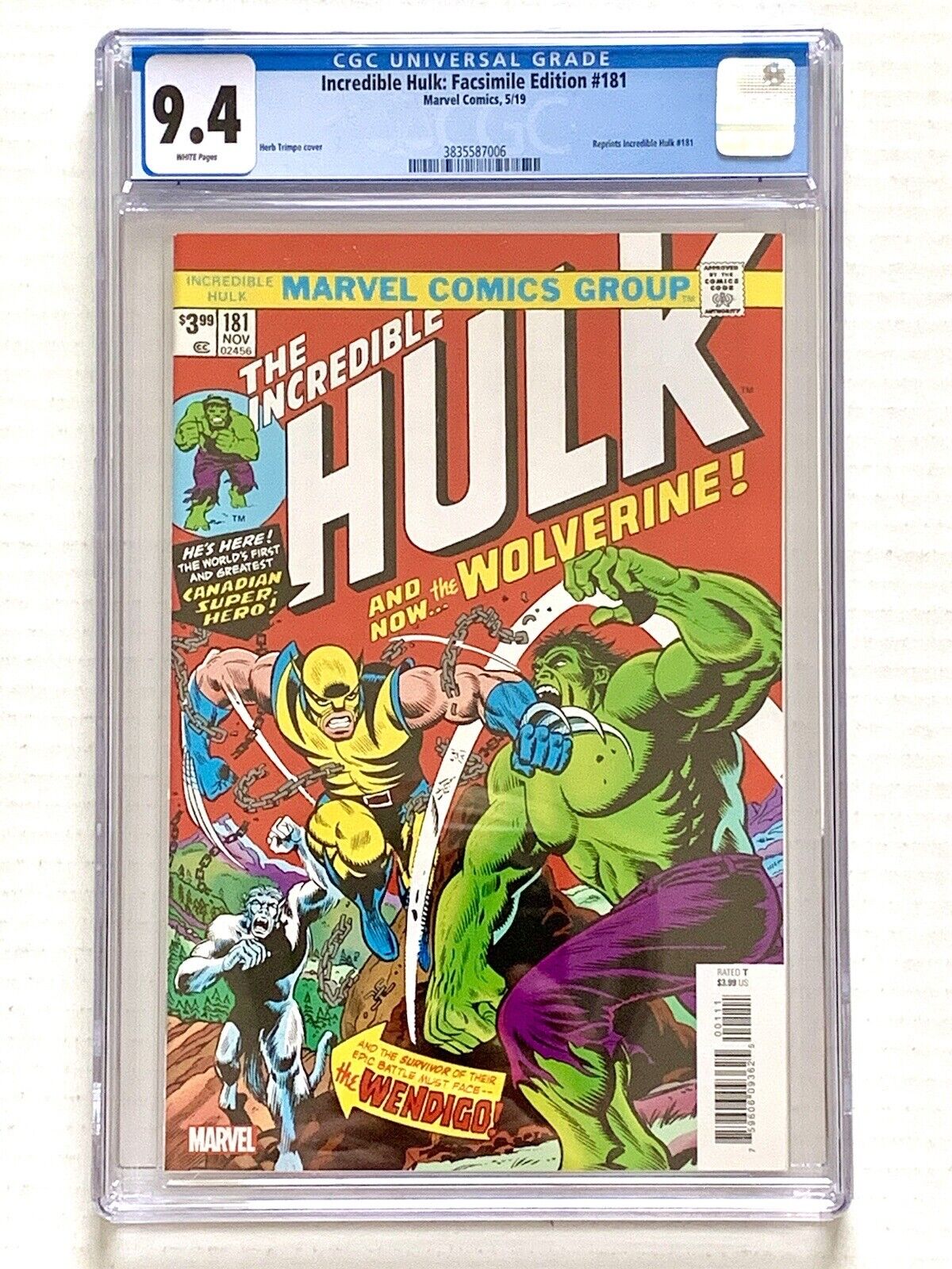 Incredible Hulk: FACSIMILE EDITION #181 (2019) CGC 9.4 - 1st Wolverine -VINTAGE