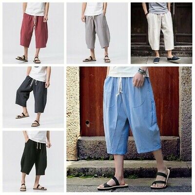 Mens Linen Cotton Capri Pants Harem Loose Baggy Shorts Plain Chinese Casual Soft Ebay