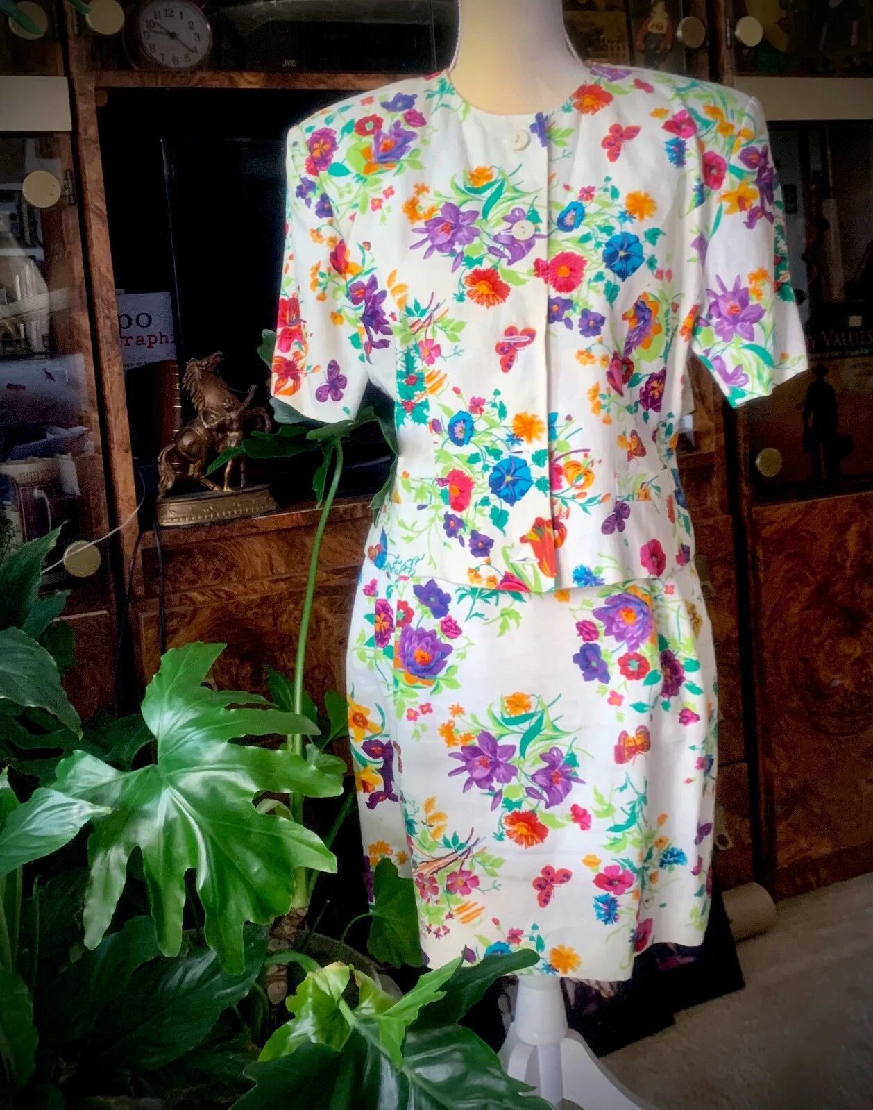 OFFERTA Giacca tuta vintage Gucci bianca floreale lino gonna tg 8 IT 44 multicolore